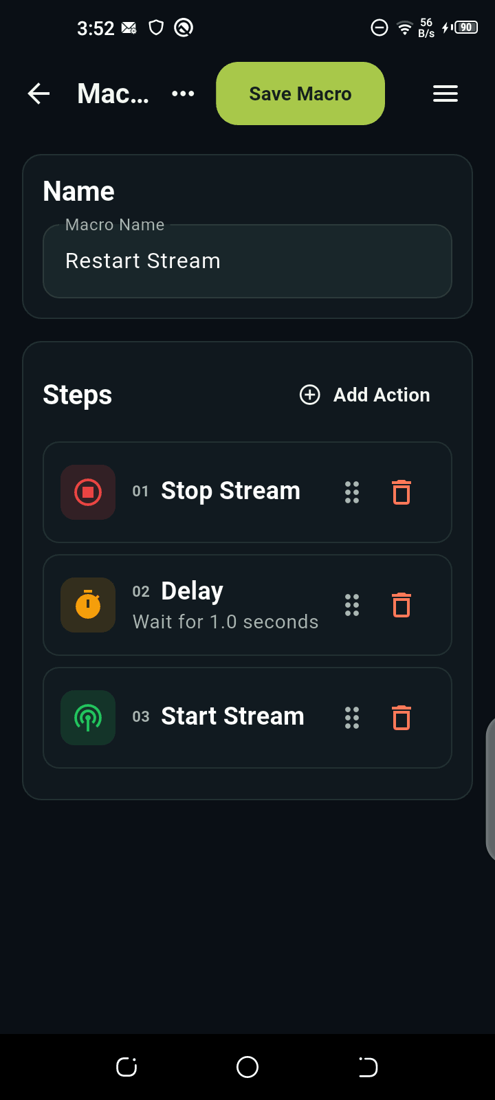 DeckPilot macro editor showing a Restart Stream sequence: Stop Stream, one-second Delay, Start Stream