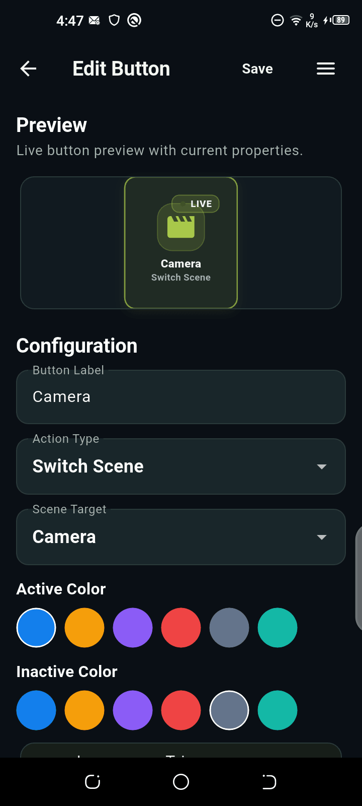 DeckPilot Edit Button screen with a Camera button assigned to Switch Scene and the Camera target