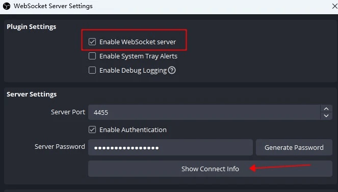 OBS WebSocket settings with the server enabled, port 4455, authentication checked and Show Connect Info