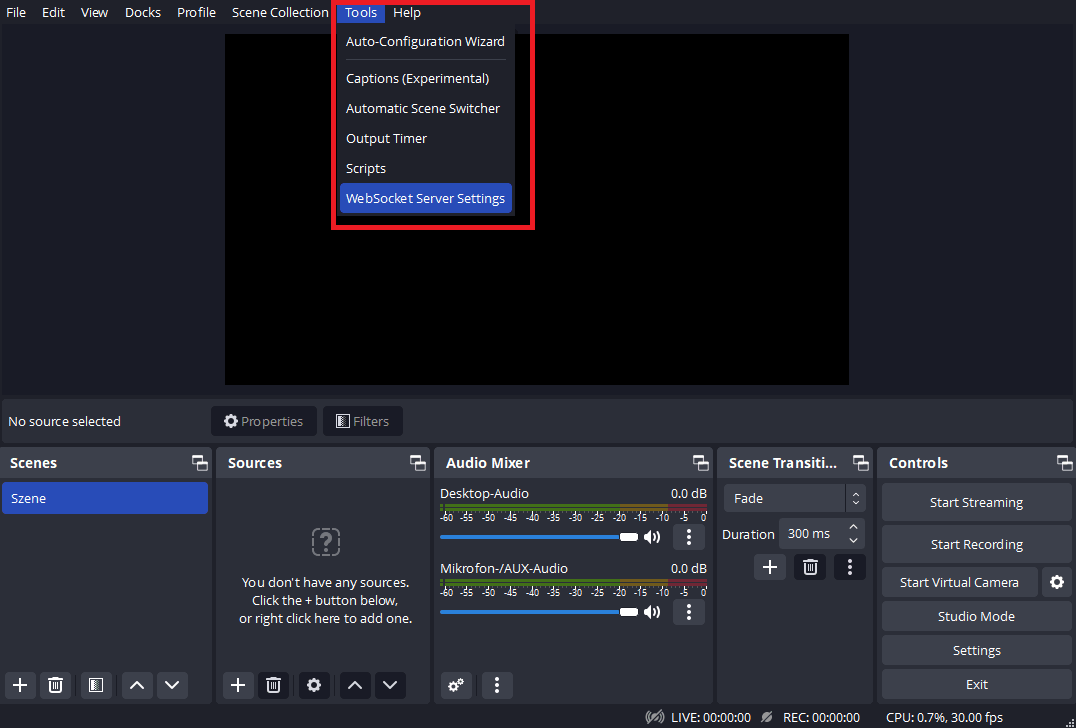 OBS Tools menu with WebSocket Server Settings highlighted