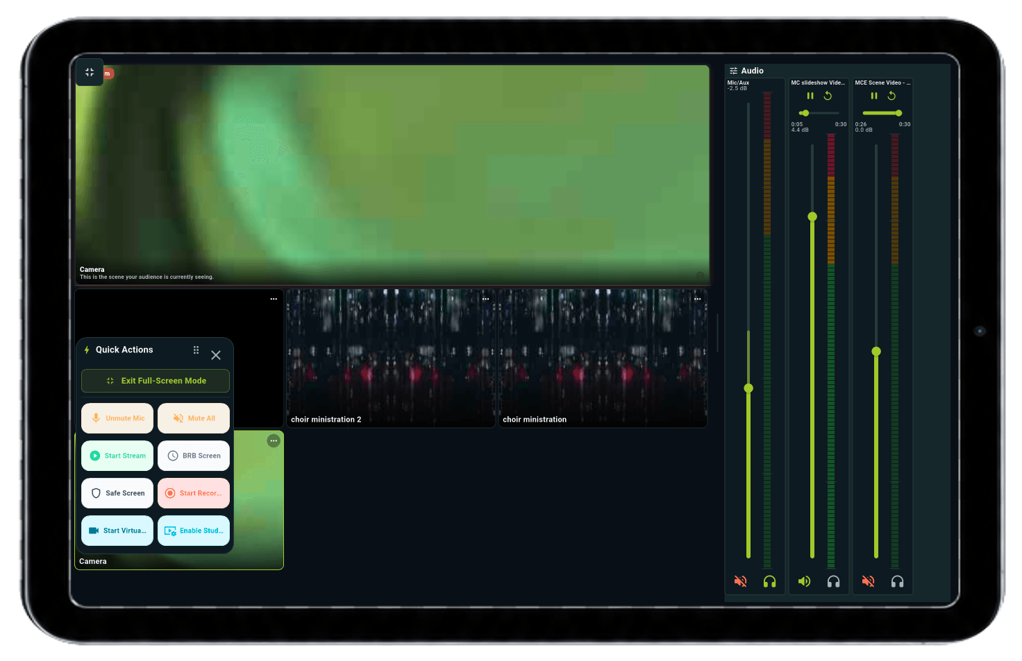 DeckPilot on a tablet with scenes, Quick Actions, and the audio mixer