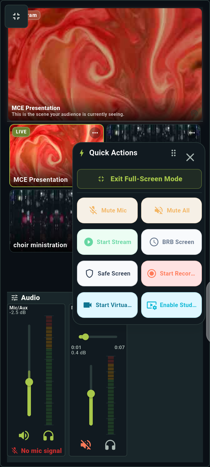 Actual Quick Actions panel with microphone, stream, recording, BRB, and Safe Screen shortcuts