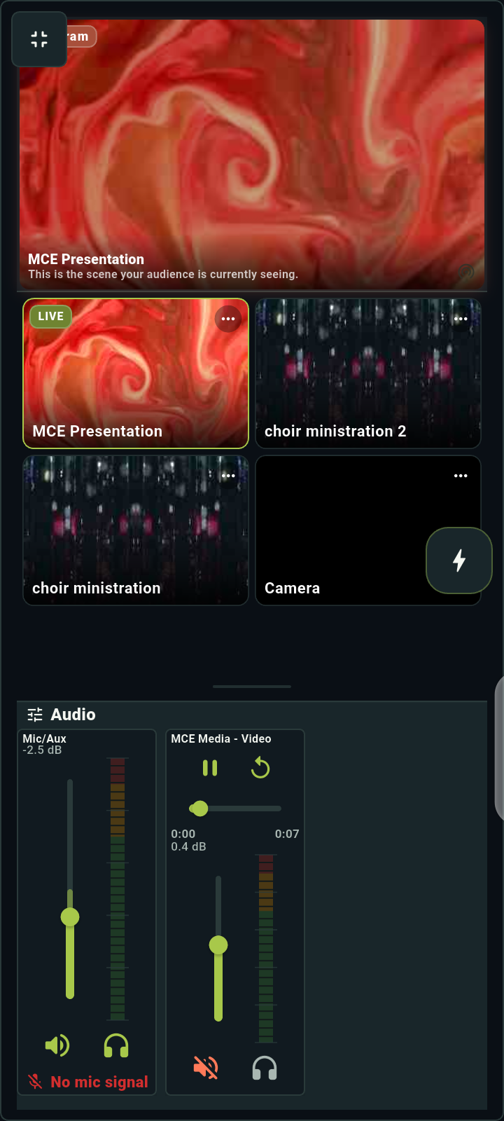 DeckPilot on the Tecno phone in fullscreen: live MCE Presentation scene, scene choices, and audio mixer together