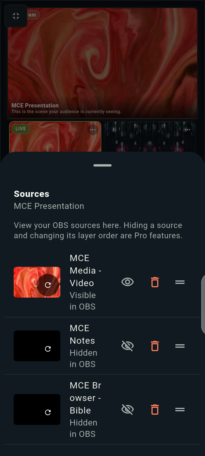 Actual View Sources panel for MCE Presentation, showing source visibility in OBS